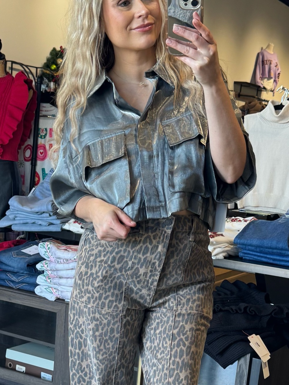 Shimmer Metallic Grey Boxy Button Down Boutique Blouse - Picture 10 of 10